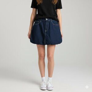 [Women's XL] ZARA Denim Bubble Skirt Dark Wash Balloon Mini Skirt Retro Y2K ｡˚○